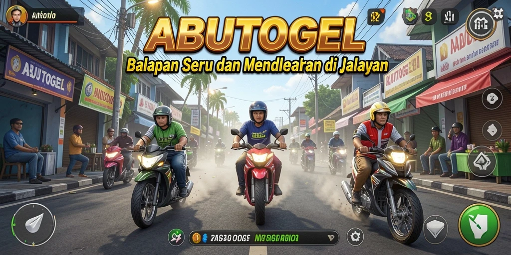 Tampilan gameplay seru ABUTOGEL dengan balapan menegangkan di lintasan.