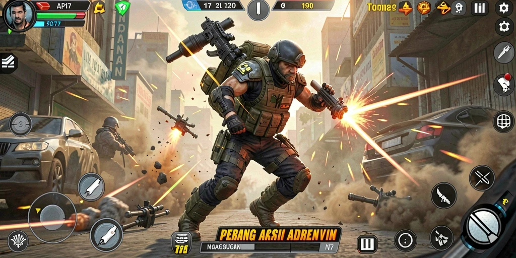 Screenshot utama API77 menampilkan aksi gameplay TPS yang seru.