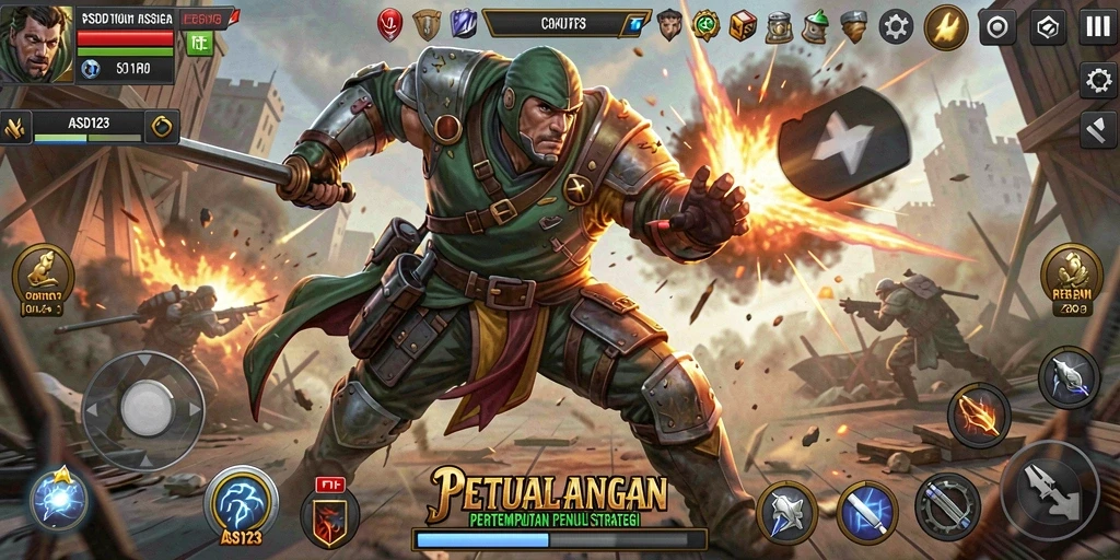 Tampilan gameplay intens dari ASD123 yang menampilkan pertempuran seru.