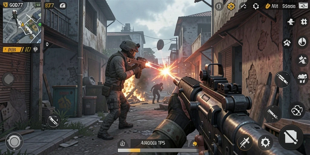 Tampilan gameplay seru di <strong>GOD77</strong> dengan aksi tembak-menembak yang mengesankan.
