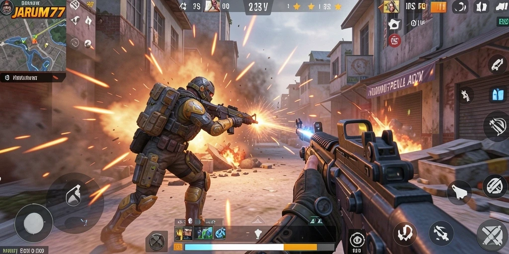 Screenshot gameplay JARUM77 menampilkan aksi tembak-menembak yang seru.