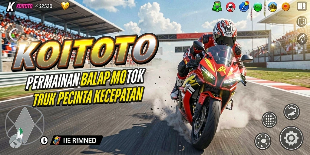 Tampilan gameplay seru dalam KOITOTO dengan balapan motor yang menegangkan.