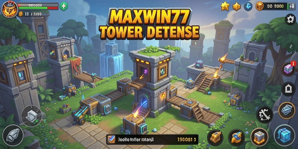 Screenshot gameplay Tower Defense MAXWIN77 menampilkan aksi menara dan serangan musuh.