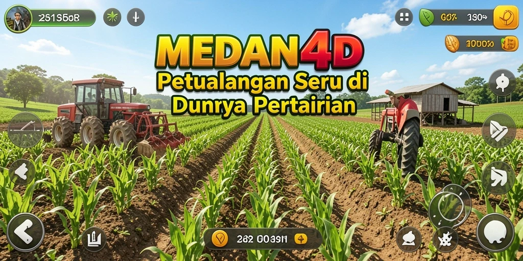 Tampilan gameplay <strong>MEDAN4D</strong> menampilkan ladang hijau dengan berbagai aktivitas pertanian.