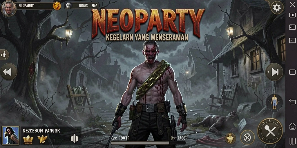 Screenshot gameplay NEOPARTY yang menampilkan suasana mencekam.