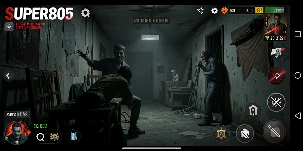 Tampilan gameplay <strong>SUPER805</strong> yang menyeramkan dan atmosfer mencekam.