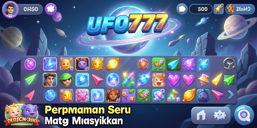 Screenshot utama UFO777 menampilkan gameplay seru Match-3 yang memukau.
