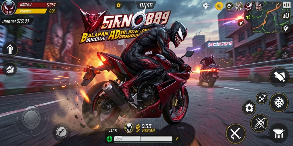 Gameplay menarik dan seru dalam VENOM889 saat balapan motor.