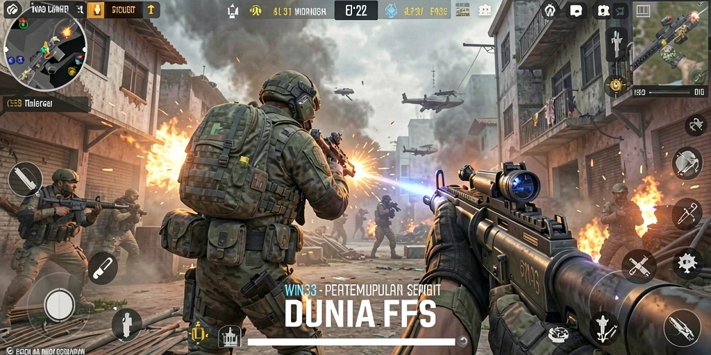 Screenshot game WIN33 menampilkan aksi pertempuran FPS yang intens.