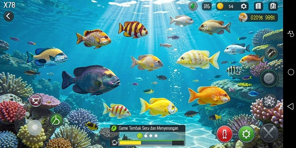 Screenshot menunjukkan momen seru menangkap ikan di dalam game Tembak Ikan.